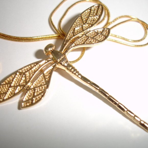 Gold Dragonfly Necklace 18 inch 22K gold plated - Picture 4 of 10